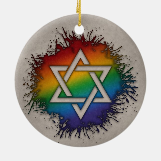 Ornamento De Cerâmica Paint Splatter LGBTQ Rainbow Star de David (Traseira)