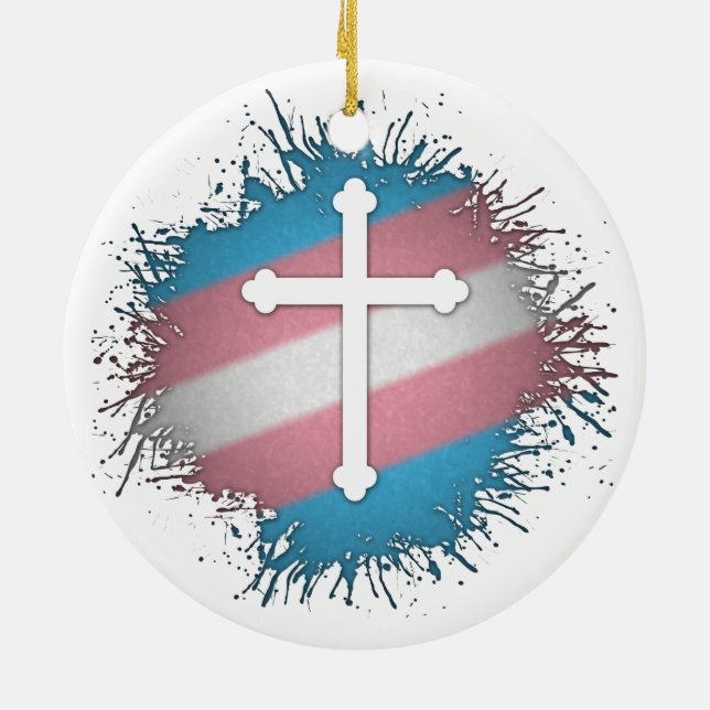 Ornamento De Cerâmica Paint Splatter Transgender Pris Christian Cross (Traseira)
