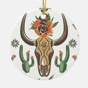 Ornamento De Cerâmica País Ocidental Aztec Bull Skull Cactus Patterno