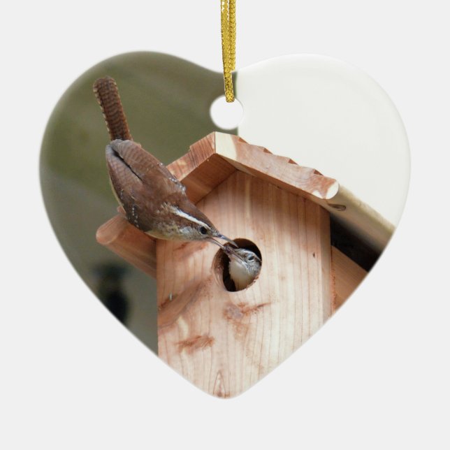 Ornamento De Cerâmica Pais Wren entregando Comida de bebê. (Frente)