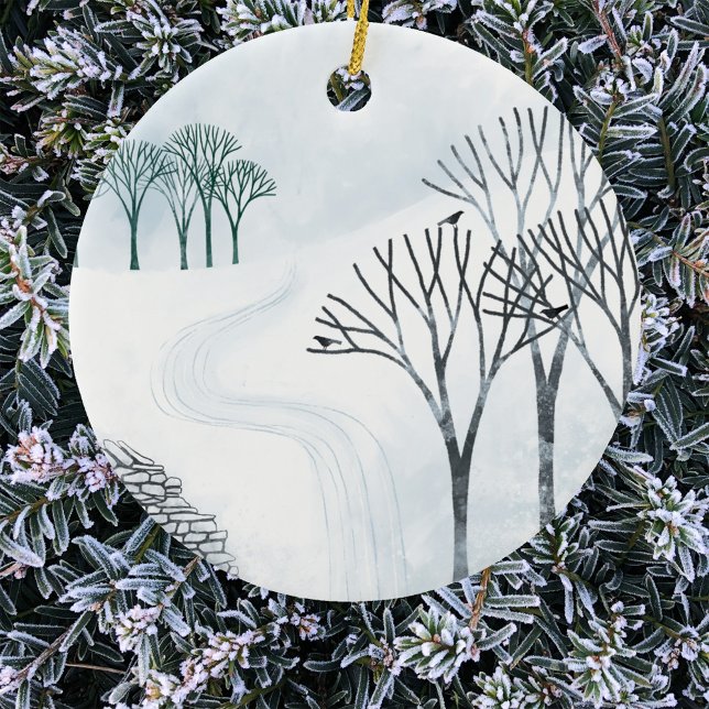 Ornamento De Cerâmica Paisagem da neve do inverno (Winter landscape art Christmas ornament)