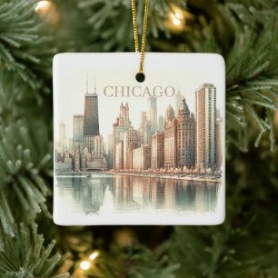 Ornamento De Cerâmica Paisagem de Chicago em Aquarela Foto Personalizada