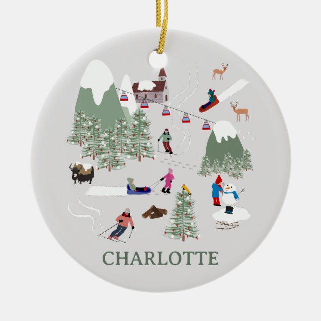 Ornamento De Cerâmica Paisagem de Esqui de Montanha de inverno com Esqui (Frente)