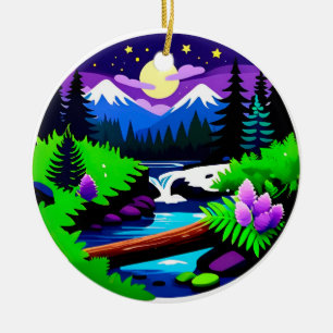 Ornamento De Cerâmica Paisagem Florestal Colorida Com Córrego ao Luar