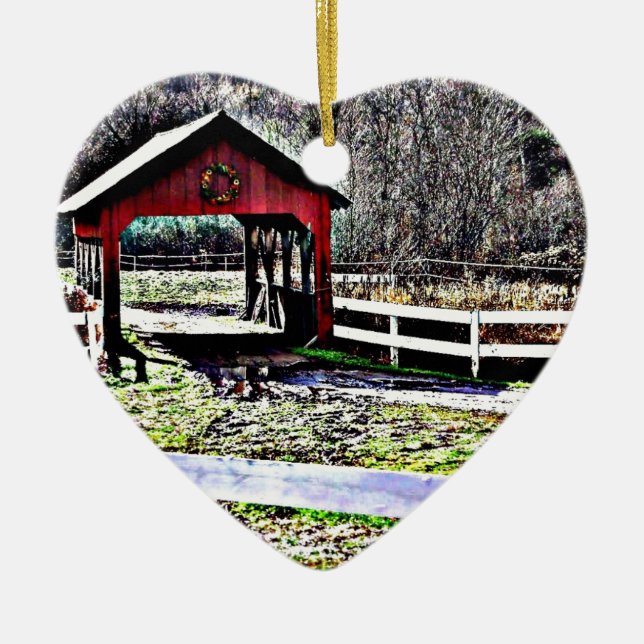 Ornamento De Cerâmica Paisagem vermelha da ponte coberta (Frente)