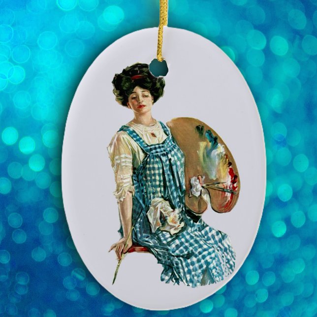 Ornamento De Cerâmica Paleta Dama Painter, Artista Vitoriana Vintage (Lady Victorian era artist holding palette with paints in blue plaid smock on blue oval ornament.)