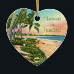 Ornamento De Cerâmica Palm Tree Beach<br><div class="desc">Vintage fantástica,  imagem retrô de cartão poste reproduzida num ornamento cerâmico. As palmeiras,  a areia e a água fazem a praia perfeita. Comprar como está ou mude o texto - Natal no Paraíso!" para dizer o que quiser.</div>