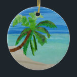 Ornamento De Cerâmica Palm Tree Beach Turquoise Ocean Ornament<br><div class="desc">Esta linda cena foi criada por Susan Lewis,  do Kukana Quilts,  usando tecidos batik.</div>