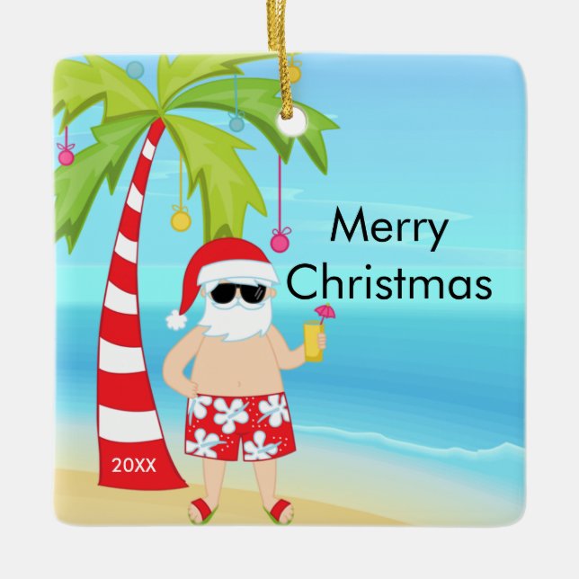Ornamento De Cerâmica Palm Tree Relaxando Papais noeis Natal tropical (Frente)