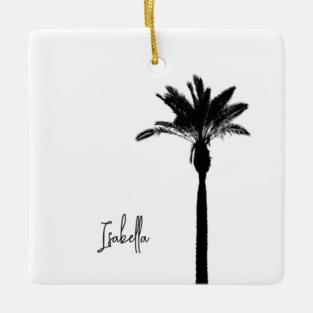 Ornamento De Cerâmica Palm Tree Silhouette NAME Viagem Beach Coastal (Frente)
