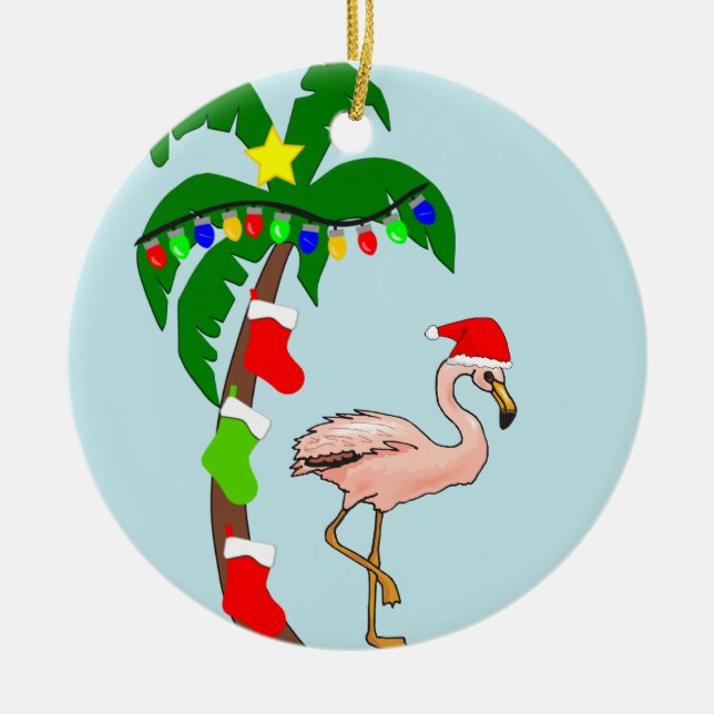 Ornamento De Cerâmica Palmeira e Natal tropical dos flamingos (Frente)