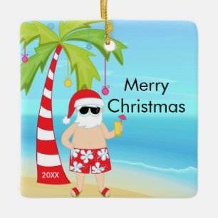 Ornamento De Cerâmica Palmeira Relaxando Papai Noel Tropical Natal