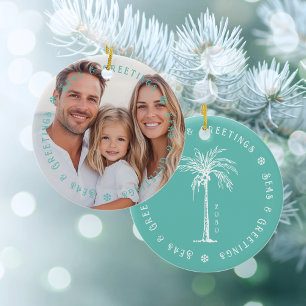 Ornamento De Cerâmica Palmeiras Tropicais Mar & Saudações Foto de Natal