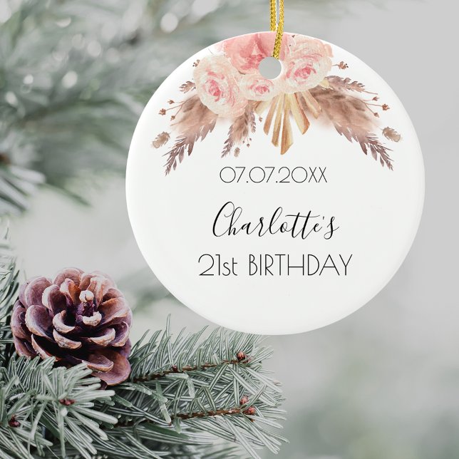 Ornamento De Cerâmica Pampas de capim-de-ouro-rosa de-aniversário floral (Criador carregado)