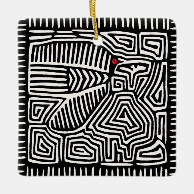 Ornamento De Cerâmica Panamá Kuna Indian Mola Pajaro - Branco preto (Frente)