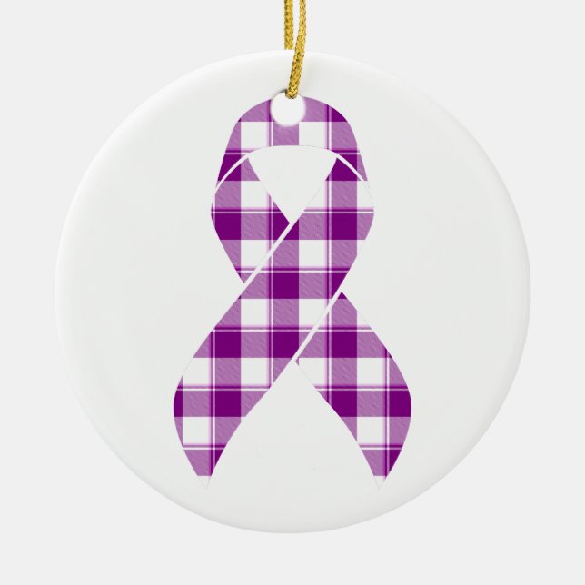 Ornamento De Cerâmica Pancreatic Cancer Awareness Plaid Purple Ribbon (Frente)
