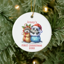 Ornamento De Cerâmica Panda Bear Personalizado e Hedgehog Cub Natal