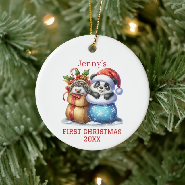 Ornamento De Cerâmica Panda Bear Personalizado e Hedgehog Cub Natal (Árvore)