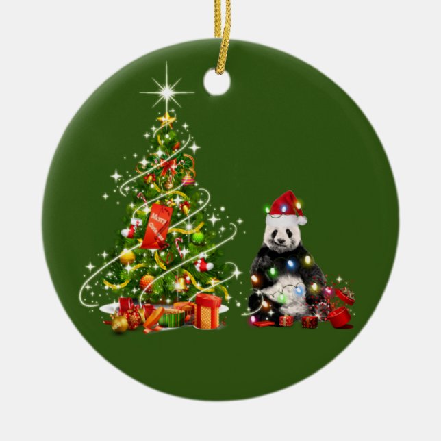 Ornamento De Cerâmica Panda com as luzes do chapéu Natal (Frente)