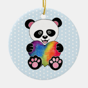 Ornamento De Cerâmica Panda Cuta De Aquarela Com Coração Arco-Íris