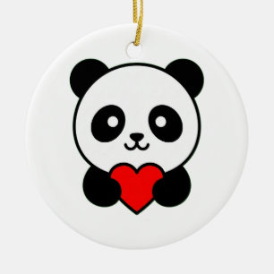 Ornamento De Cerâmica Panda Fofo Segurando Coração Vermelho Minimalista