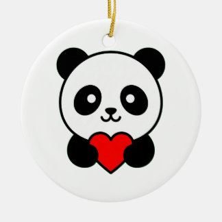 Ornamento De Cerâmica Panda Fofo Segurando Coração Vermelho Minimalista