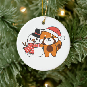 Ornamento De Cerâmica Panda Vermelha Com Neve No Inverno Para Cer De Nat