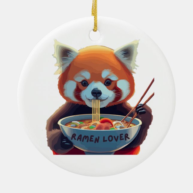Ornamento De Cerâmica Panda Vermelha comendo uma tigela de ramen (Traseira)