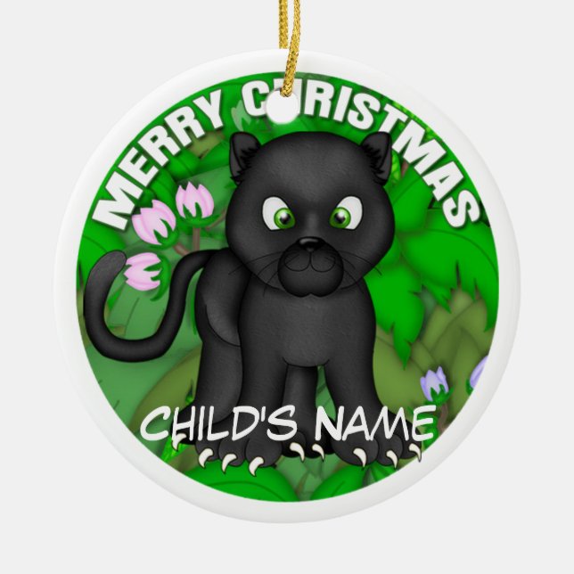 Ornamento De Cerâmica Pantera preta do Feliz Natal (Frente)