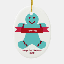 Ornamento De Cerâmica Pão de gengibre azul banner vermelho nome bebê pri