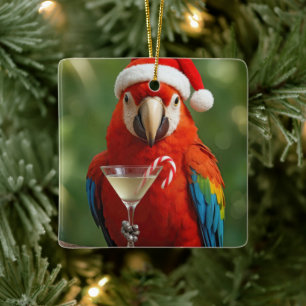 Ornamento De Cerâmica Papagaio de Natal segurando um coquetel