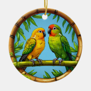 Ornamento De Cerâmica Papagaios Coloridos Empoleirados em uma Estrutura