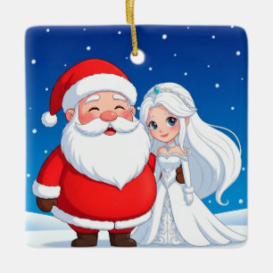 Ornamento De Cerâmica Papai Noel Abraçando uma Rainha da Neve