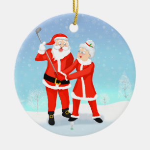 Ornamento De Cerâmica Papai Noel ajudando a Sra. Claus com seu swing de