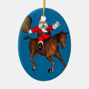 Ornamento De Cerâmica Papai Noel Andando Um Cavalo Marrom