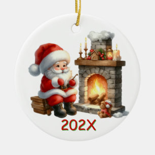 Ornamento De Cerâmica Papai Noel Anual Ao Pé Do Fogo