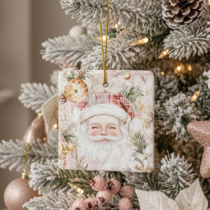 Ornamento De Cerâmica Papai Noel Aquarela Dourado Rosa Natal Feriado