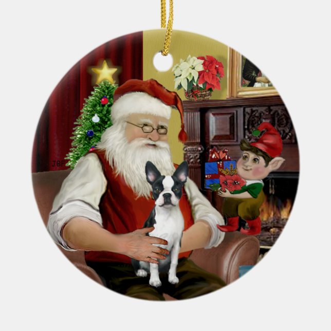 Ornamento De Cerâmica Papai noel Boston Terrier nº 1 (Frente)