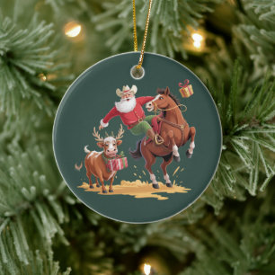 Ornamento De Cerâmica Papai Noel Caubói Ocidental Rodeio de Natal Cavalo