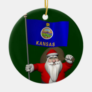 Ornamento De Cerâmica Papai Noel com a bandeira de Kansas