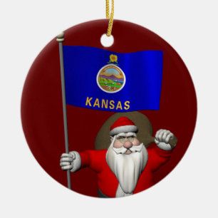 Ornamento De Cerâmica Papai Noel com a bandeira de Kansas