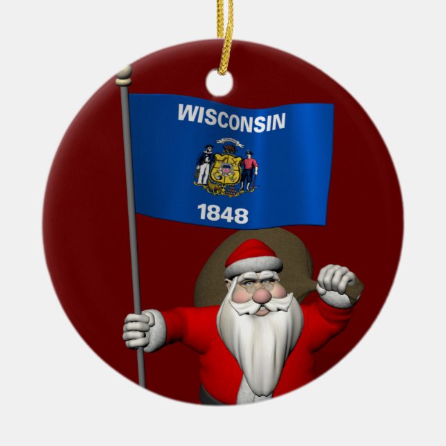 Ornamento De Cerâmica Papai Noel Com Alferes De Wisconsin (Frente)