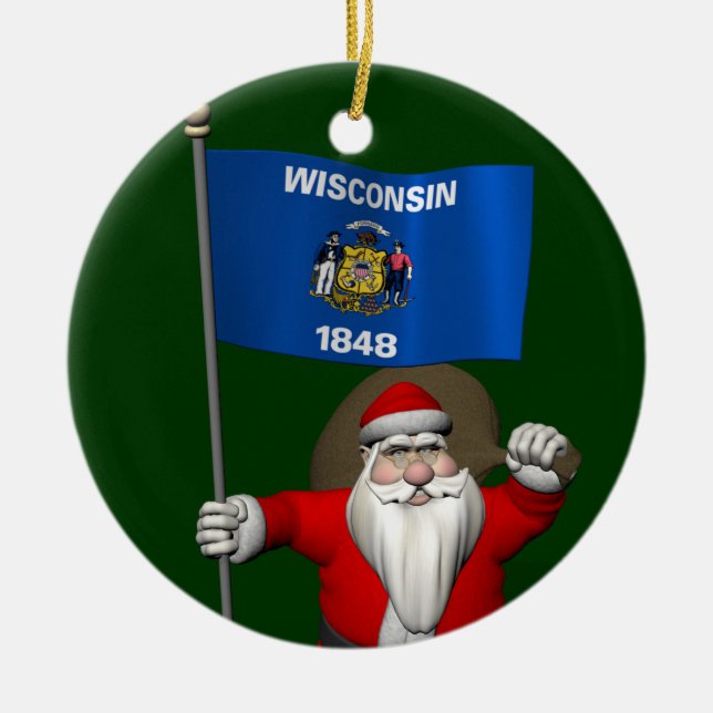 Ornamento De Cerâmica Papai Noel Com Alferes De Wisconsin (Frente)