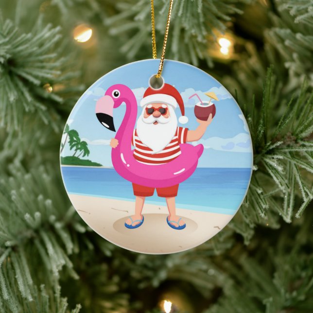 Ornamento De Cerâmica Papai Noel com anel inflável flamingo (Árvore)