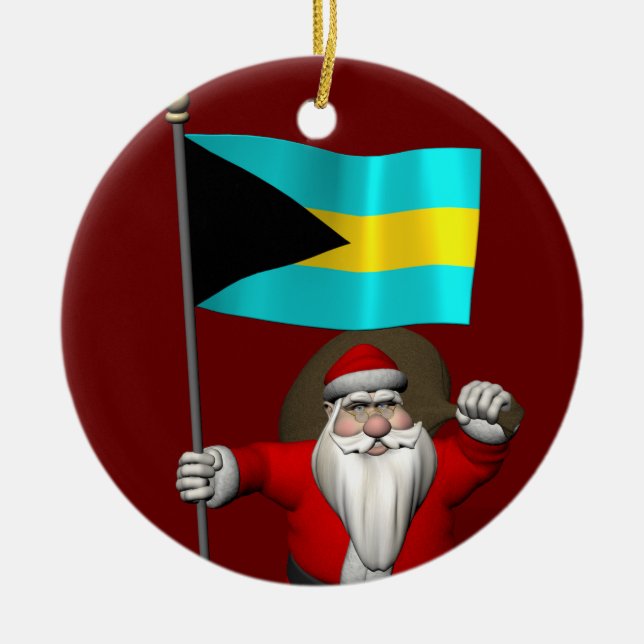 Ornamento De Cerâmica Papai Noel Com Bandeira Das Bahamas (Frente)