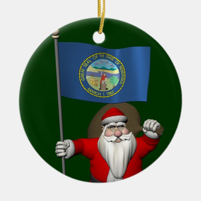 Ornamento De Cerâmica Papai Noel Com Bandeira De Nebraska (Frente)