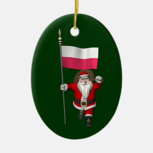 Ornamento De Cerâmica Papai Noel Com Bandeira De Polônia (Frente)