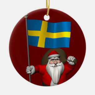 Ornamento De Cerâmica Papai Noel Com Bandeira De Suecia