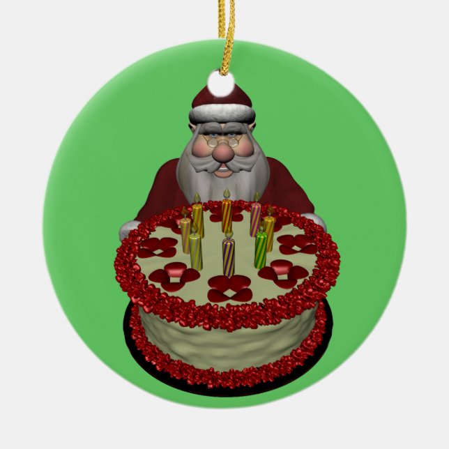 Ornamento De Cerâmica Papai Noel com Bolo de Aniversário (Frente)