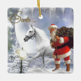 Ornamento De Cerâmica Papai Noel com Cavalo Branco